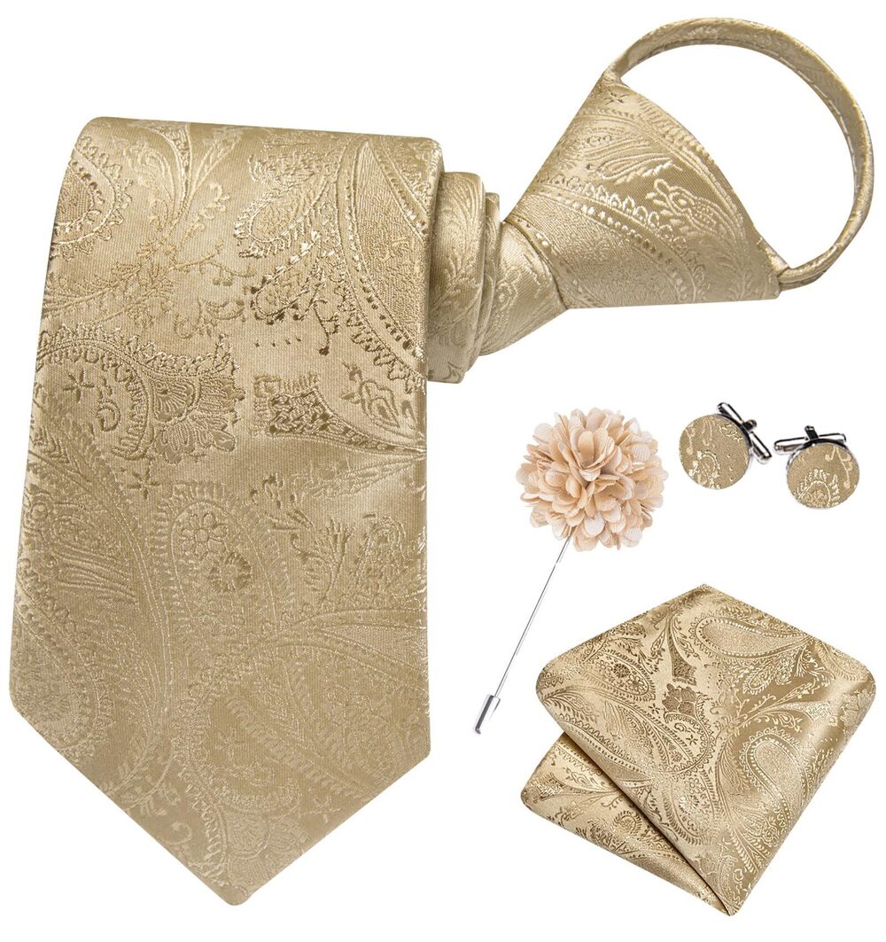 4724 Zipper Beige Paisley Ties Adjustable Pre-Tied Necktie Lapel Pin Pocket